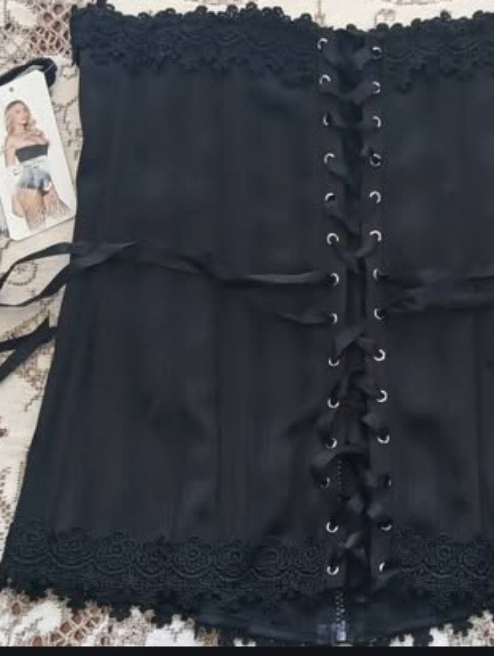 Vintage Shirley Of Hollywood Black Lace Up Corset Delicate Floral Lace Trim NWT